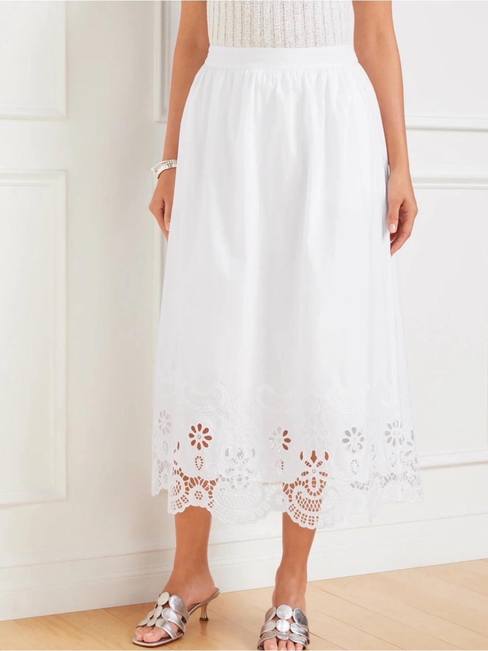 Talbots Fully Lined White Eyelet Midi Skirt NWOT